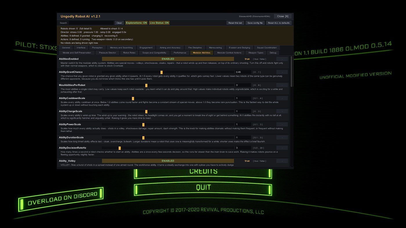 The Ungodly Robot AI configuration panel open over the Overload main menu
