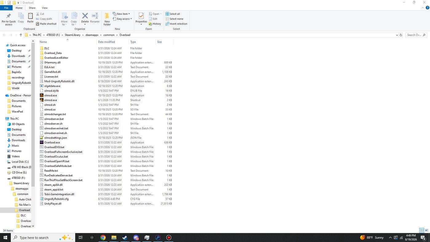 Windows Explorer showing the Overload directory with the OLMod files extracted into it